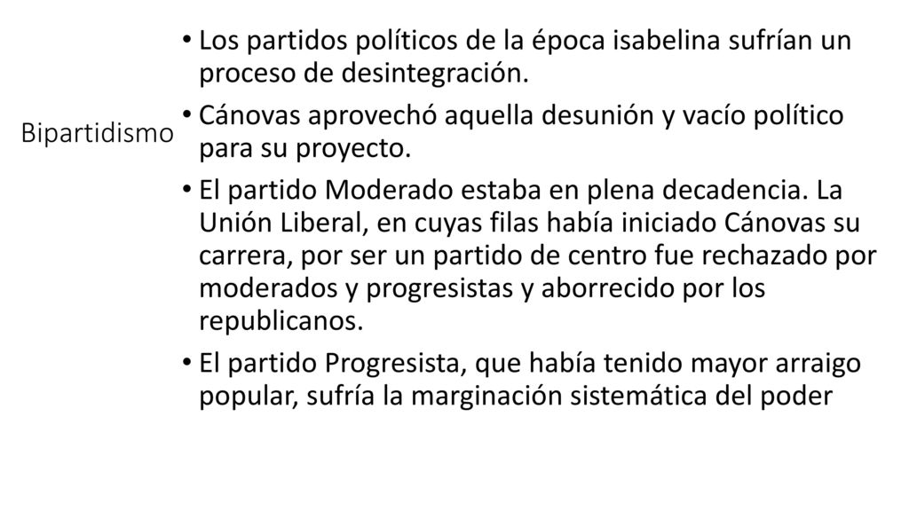 Los partidos políticos de la época isabelina sufrían un proceso de desintegración.
