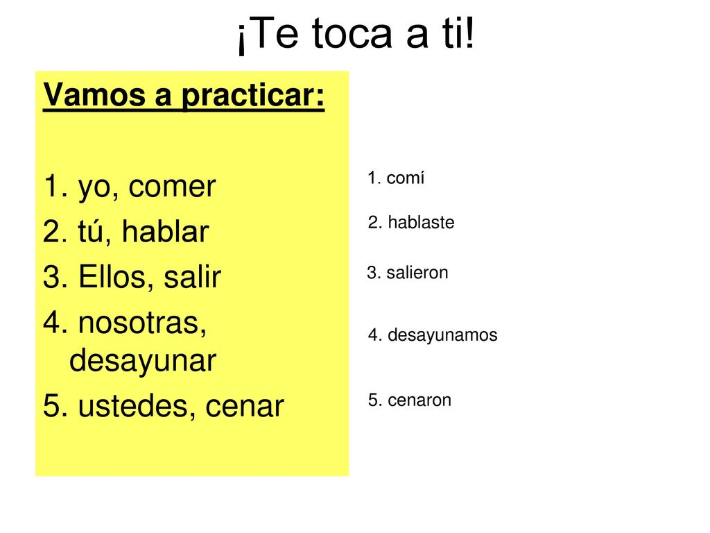 ¡Te toca a ti! Vamos a practicar: 1. yo, comer 2. tú, hablar