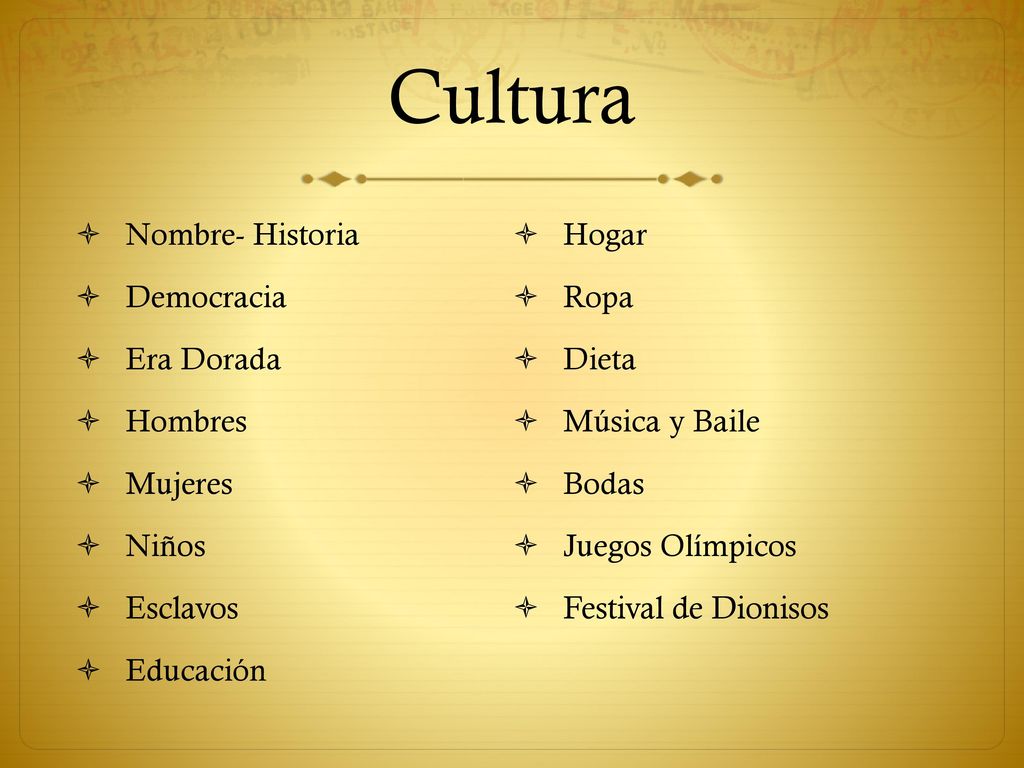 Cultura Nombre- Historia Hogar Democracia Ropa Era Dorada Dieta