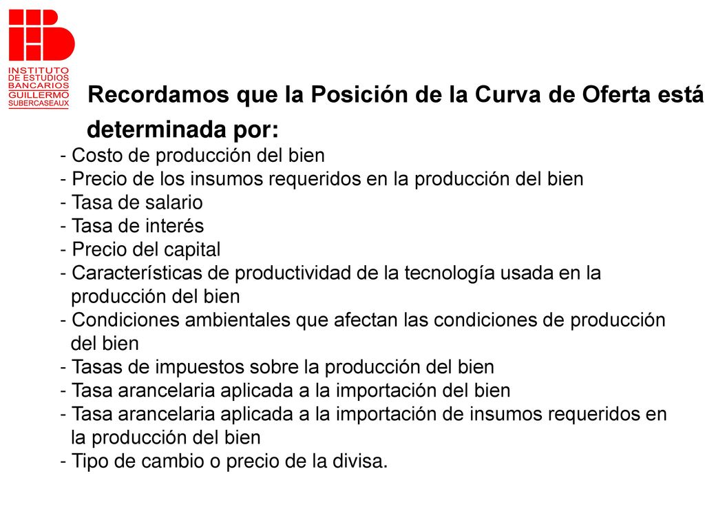 Recordamos que la Posición de la Curva de Oferta está