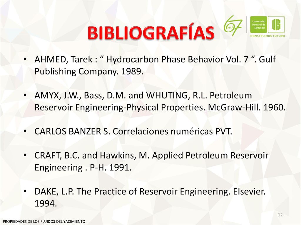 BIBLIOGRAFÍAS AHMED, Tarek : Hydrocarbon Phase Behavior Vol. 7 . Gulf Publishing Company