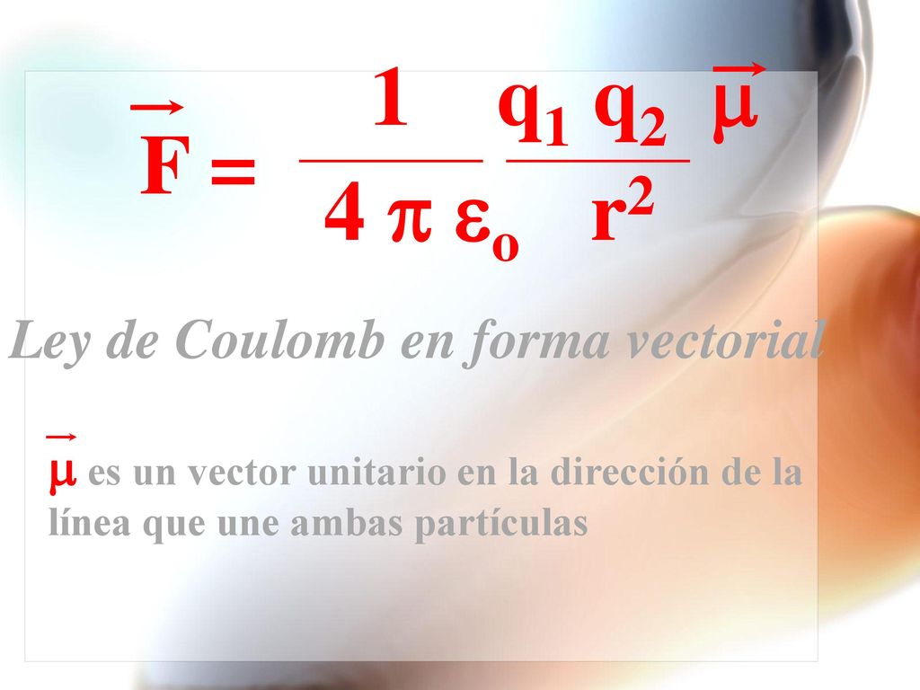 1 q1 q2 m F = 4 p eo r2 Ley de Coulomb en forma vectorial