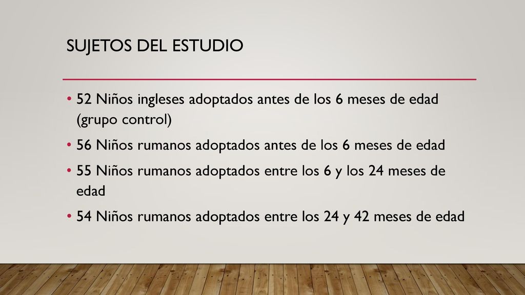 Sujetos del estudio 52 Niños ingleses adoptados antes de los 6 meses de edad (grupo control)