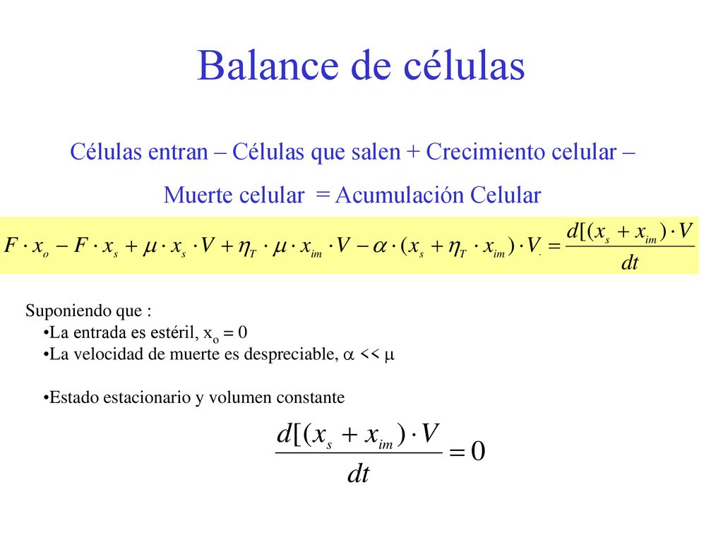 Balance de células Células entran – Células que salen + Crecimiento celular – Muerte celular = Acumulación Celular.