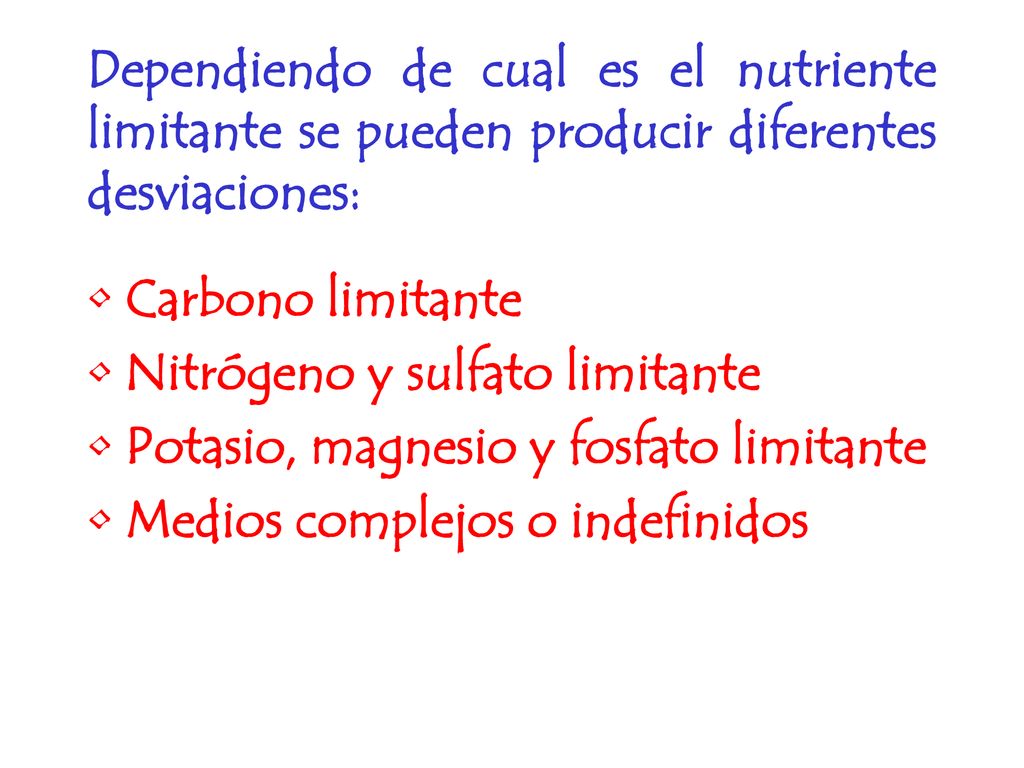 Dependiendo de cual es el nutriente limitante se pueden producir diferentes desviaciones: