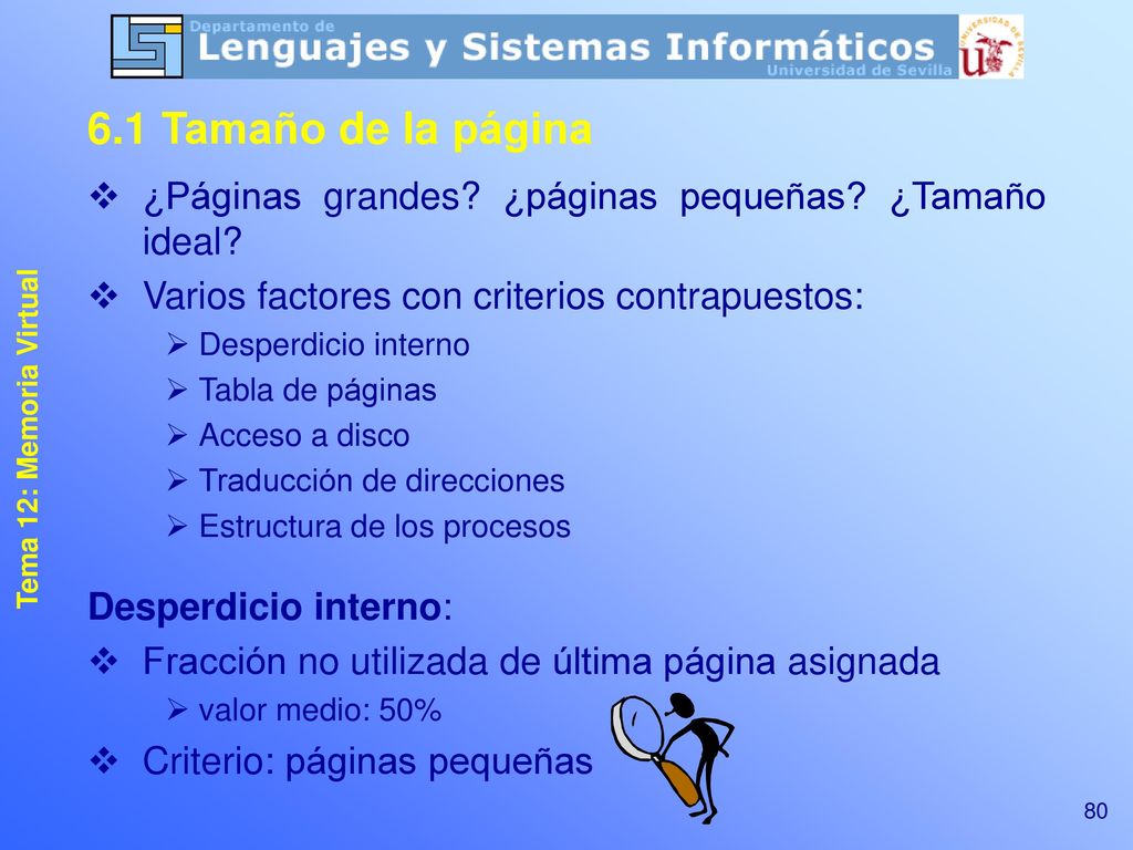 6.1 Tamaño de la página ¿Páginas grandes ¿páginas pequeñas ¿Tamaño ideal Varios factores con criterios contrapuestos: