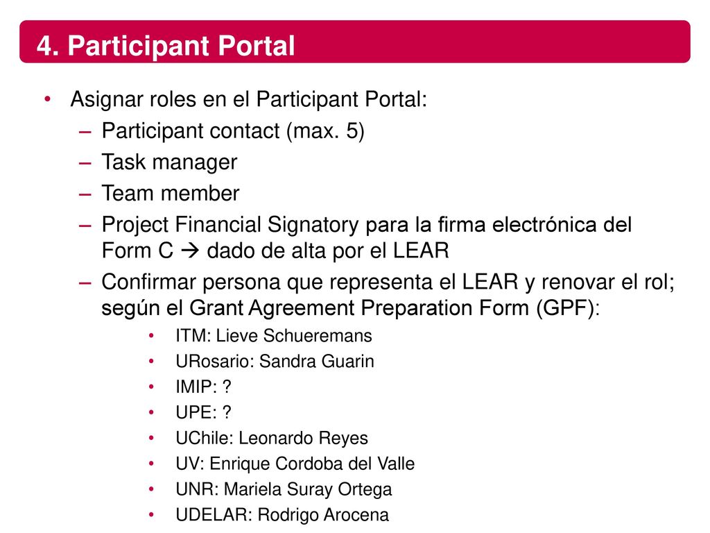 4. Participant Portal Asignar roles en el Participant Portal:
