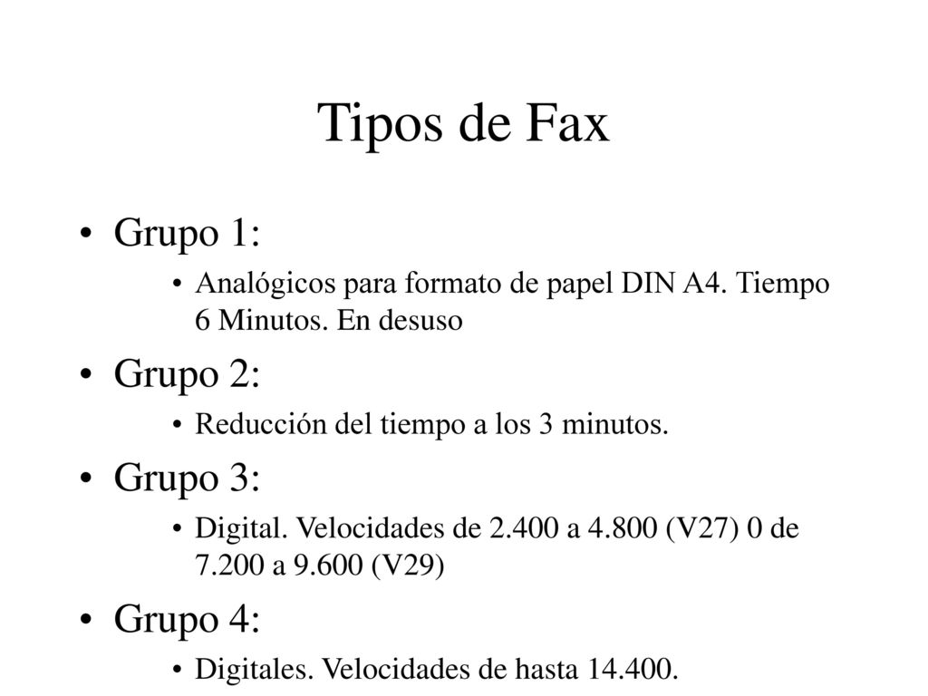 Tipos de Fax Grupo 1: Grupo 2: Grupo 3: Grupo 4: