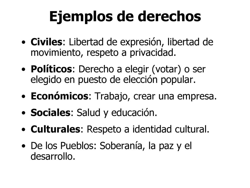 Ejemplos de derechos Civiles: Libertad de expresión, libertad de movimiento, respeto a privacidad.