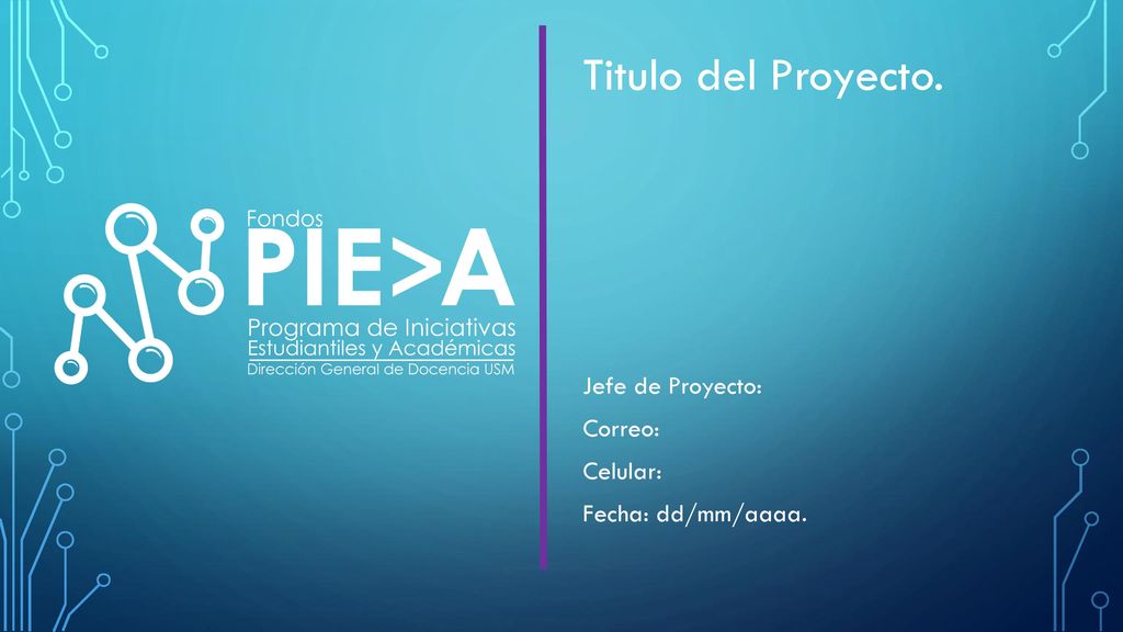 Titulo del Proyecto. Jefe de Proyecto: Correo: Celular: