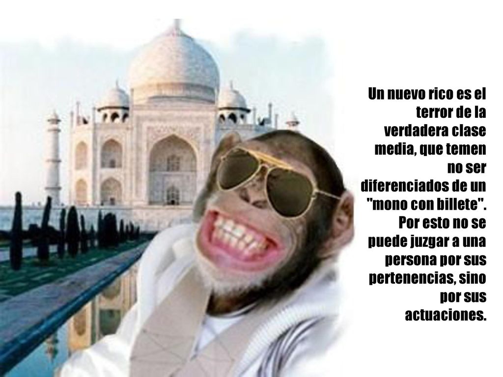 Un nuevo rico es el terror de la verdadera clase media, que temen no ser diferenciados de un mono con billete .