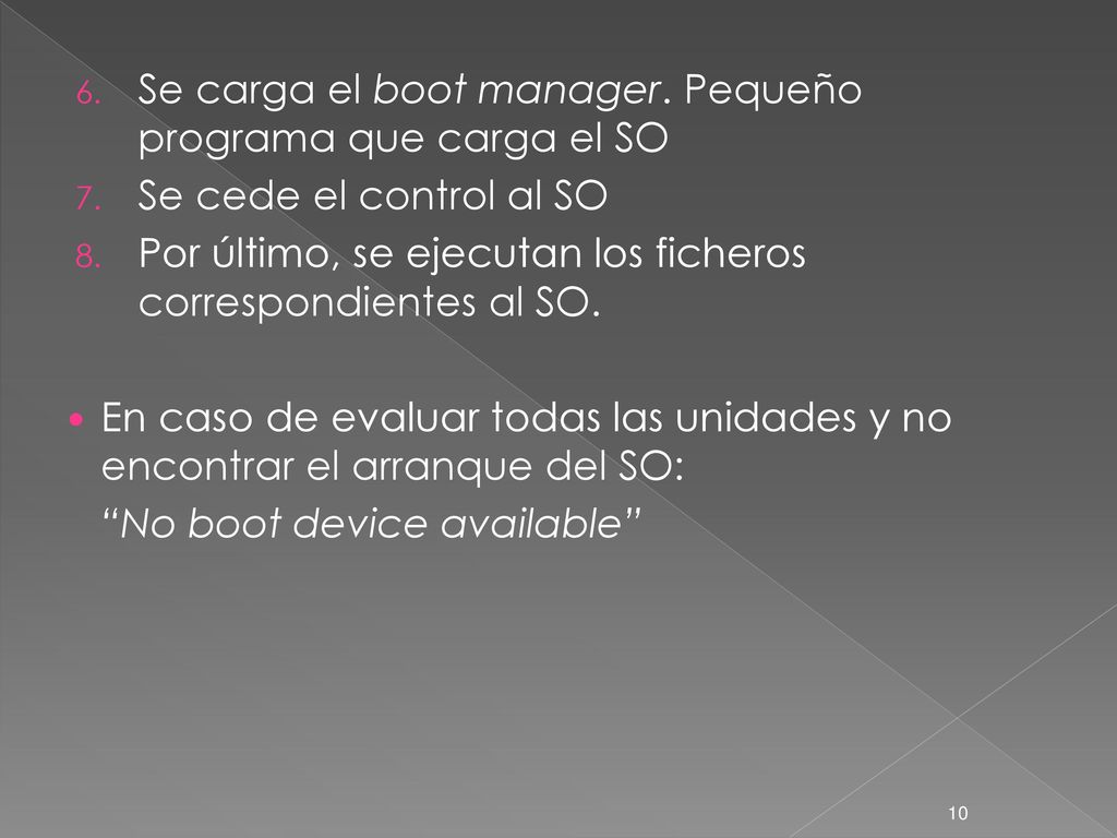 Se carga el boot manager. Pequeño programa que carga el SO