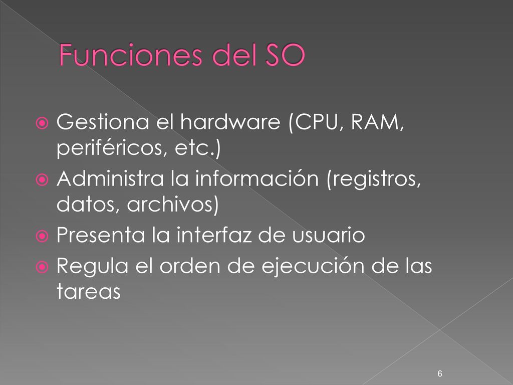 Funciones del SO Gestiona el hardware (CPU, RAM, periféricos, etc.)