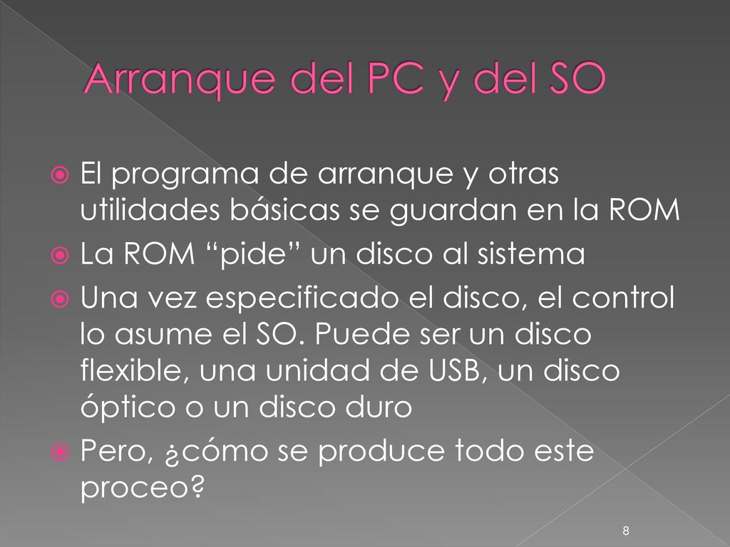Arranque del PC y del SO El programa de arranque y otras utilidades básicas se guardan en la ROM. La ROM pide un disco al sistema.