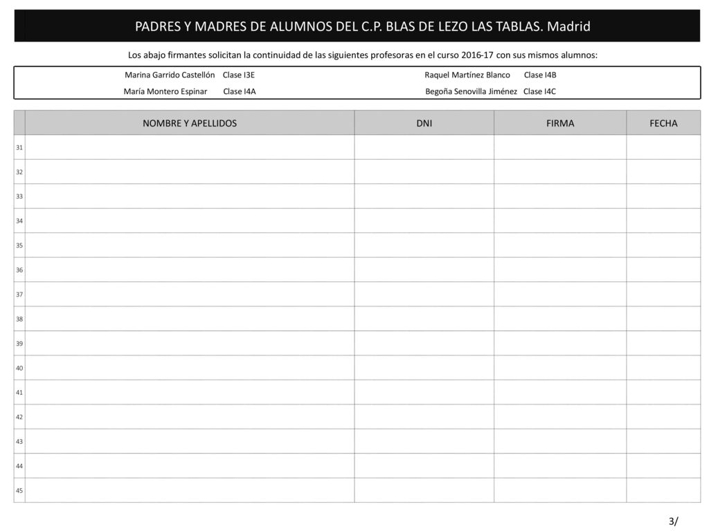 PADRES Y MADRES DE ALUMNOS DEL C.P. BLAS DE LEZO LAS TABLAS. Madrid