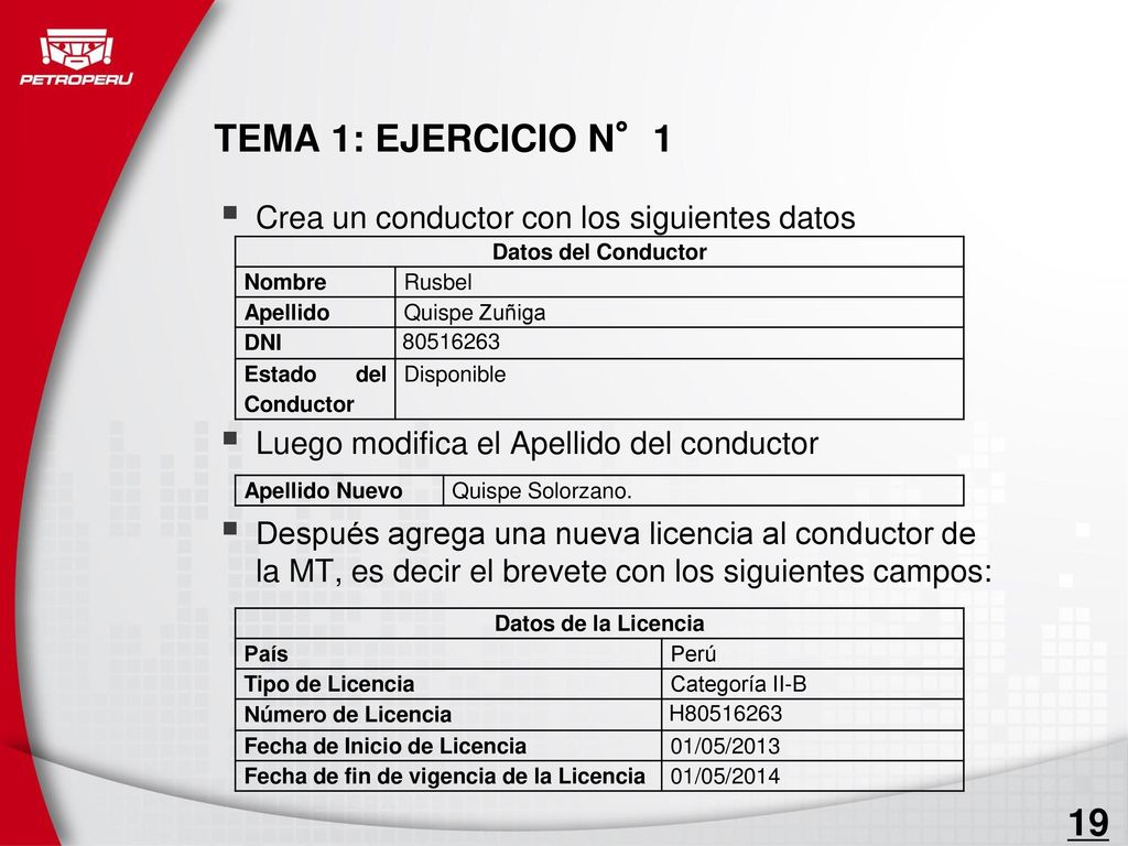 TEMA 1: EJERCICIO N°1 19 Crea un conductor con los siguientes datos