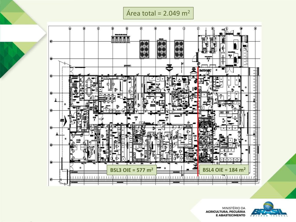 Área total = m2 BSL3 OIE = 577 m2 BSL4 OIE = 184 m2
