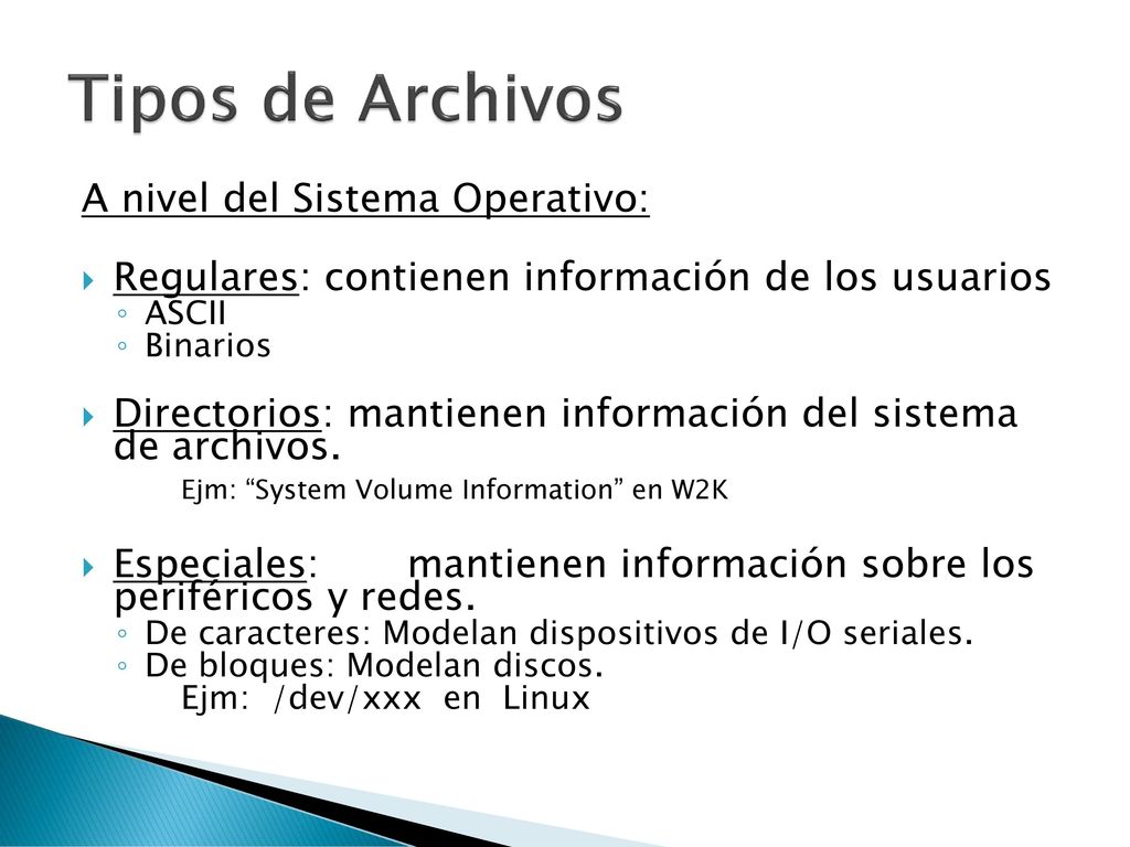 Tipos de Archivos A nivel del Sistema Operativo: