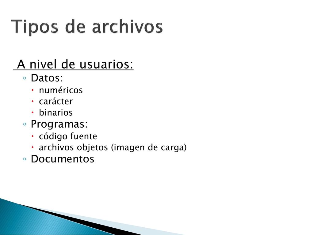 Tipos de archivos A nivel de usuarios: Datos: Programas: Documentos