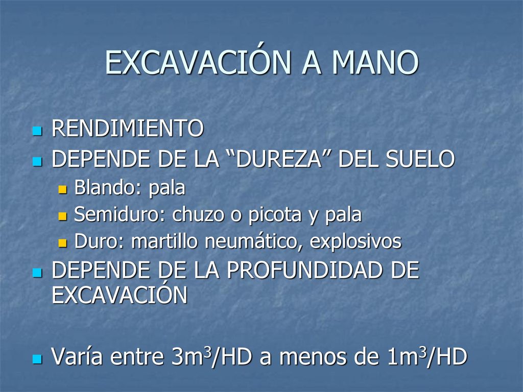 EXCAVACIÓN A MANO RENDIMIENTO DEPENDE DE LA DUREZA DEL SUELO