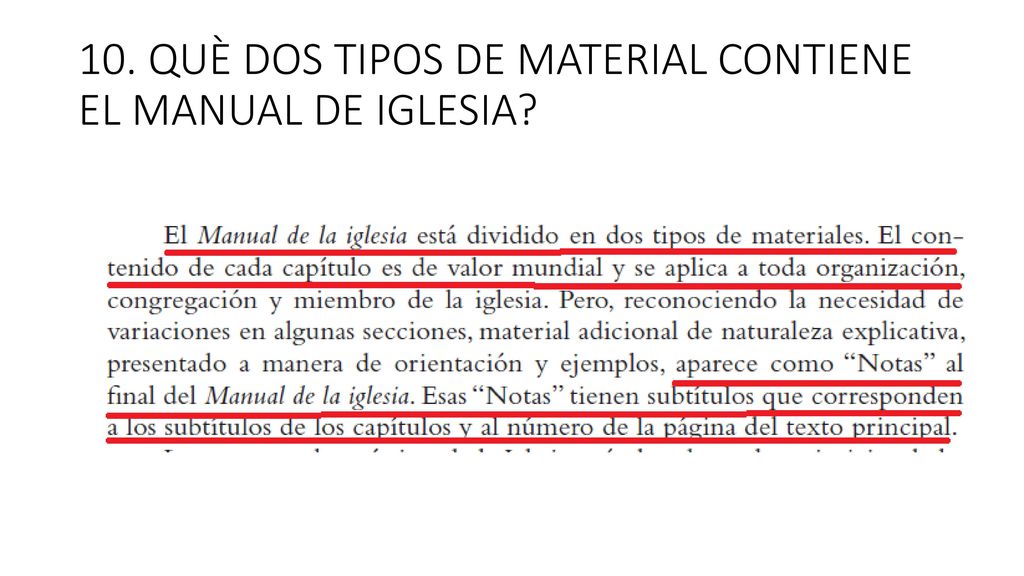 10. QUÈ DOS TIPOS DE MATERIAL CONTIENE EL MANUAL DE IGLESIA