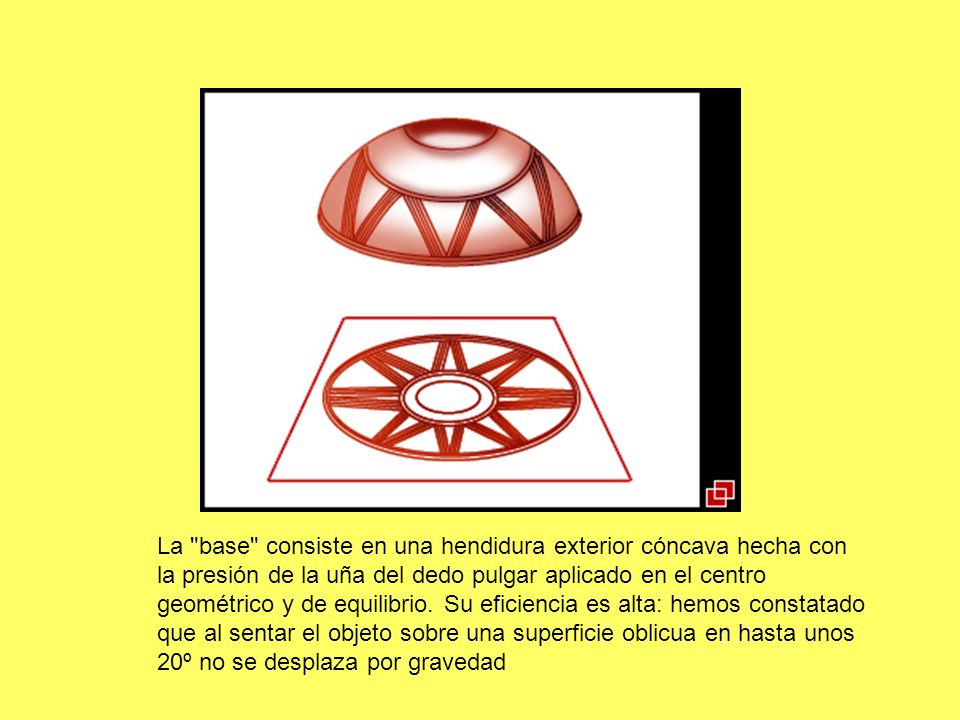 La base consiste en una hendidura exterior cóncava hecha con la presión de la uña del dedo pulgar aplicado en el centro geométrico y de equilibrio.