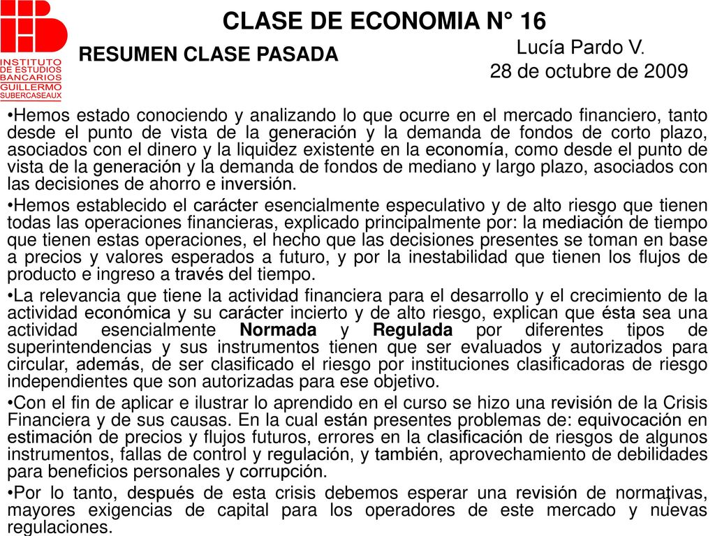 CLASE DE ECONOMIA N° 16 Lucía Pardo V. 28 de octubre de 2009