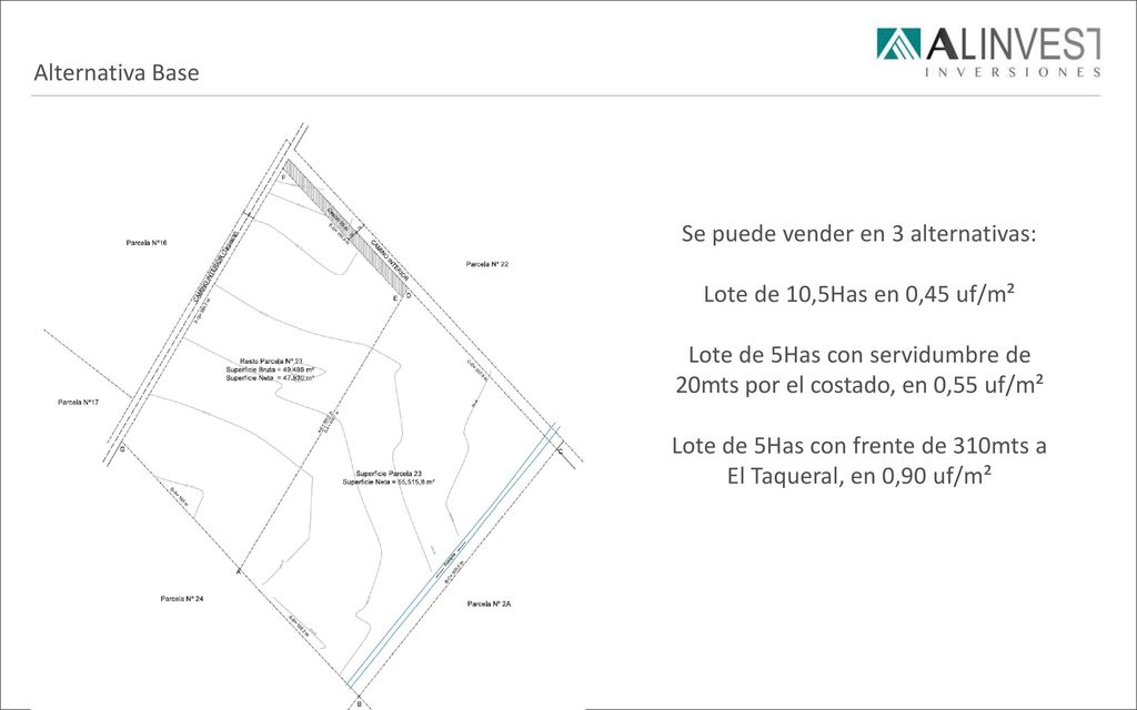 Se puede vender en 3 alternativas: Lote de 10,5Has en 0,45 uf/m²