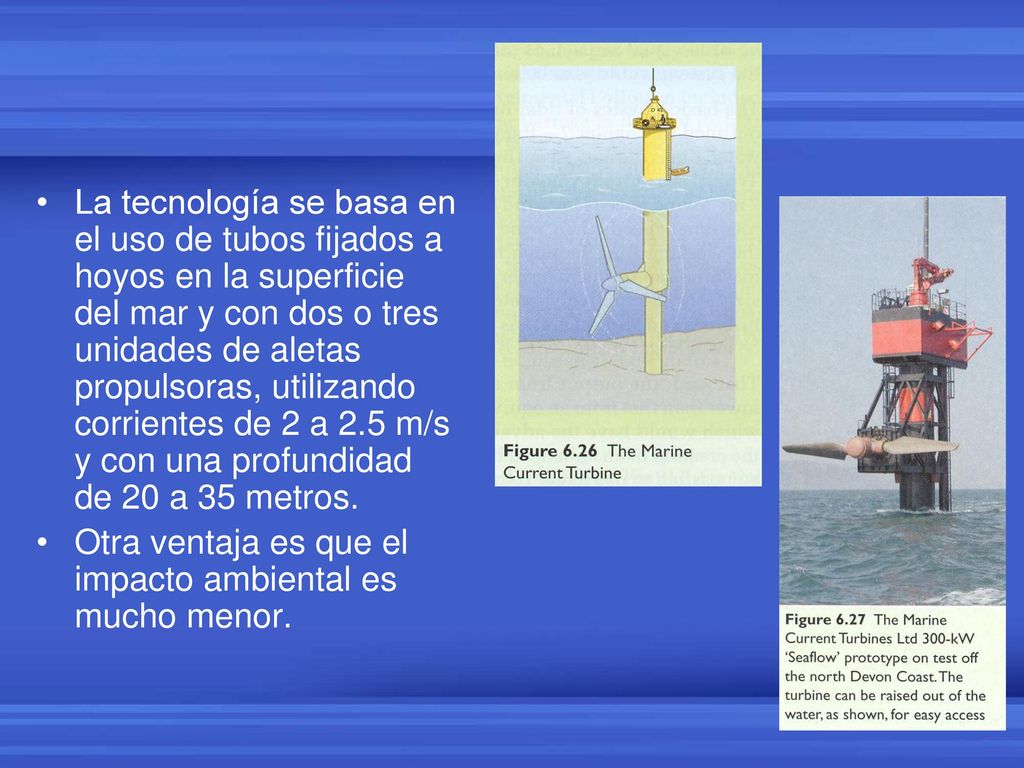La tecnología se basa en el uso de tubos fijados a hoyos en la superficie del mar y con dos o tres unidades de aletas propulsoras, utilizando corrientes de 2 a 2.5 m/s y con una profundidad de 20 a 35 metros.