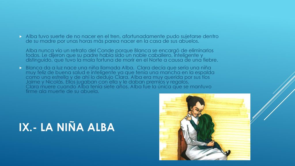 Alba tuvo suerte de no nacer en el tren, afortunadamente pudo sujetarse dentro de su madre por unas horas más parea nacer en la casa de sus abuelos. Alba nunca vio un retrato del Conde porque Blanca se encargó de eliminarlos todos. Le dijeron que su padre había sido un noble caballero, inteligente y distinguido, que tuvo la mala fortuna de morir en el Norte a causa de una fiebre.