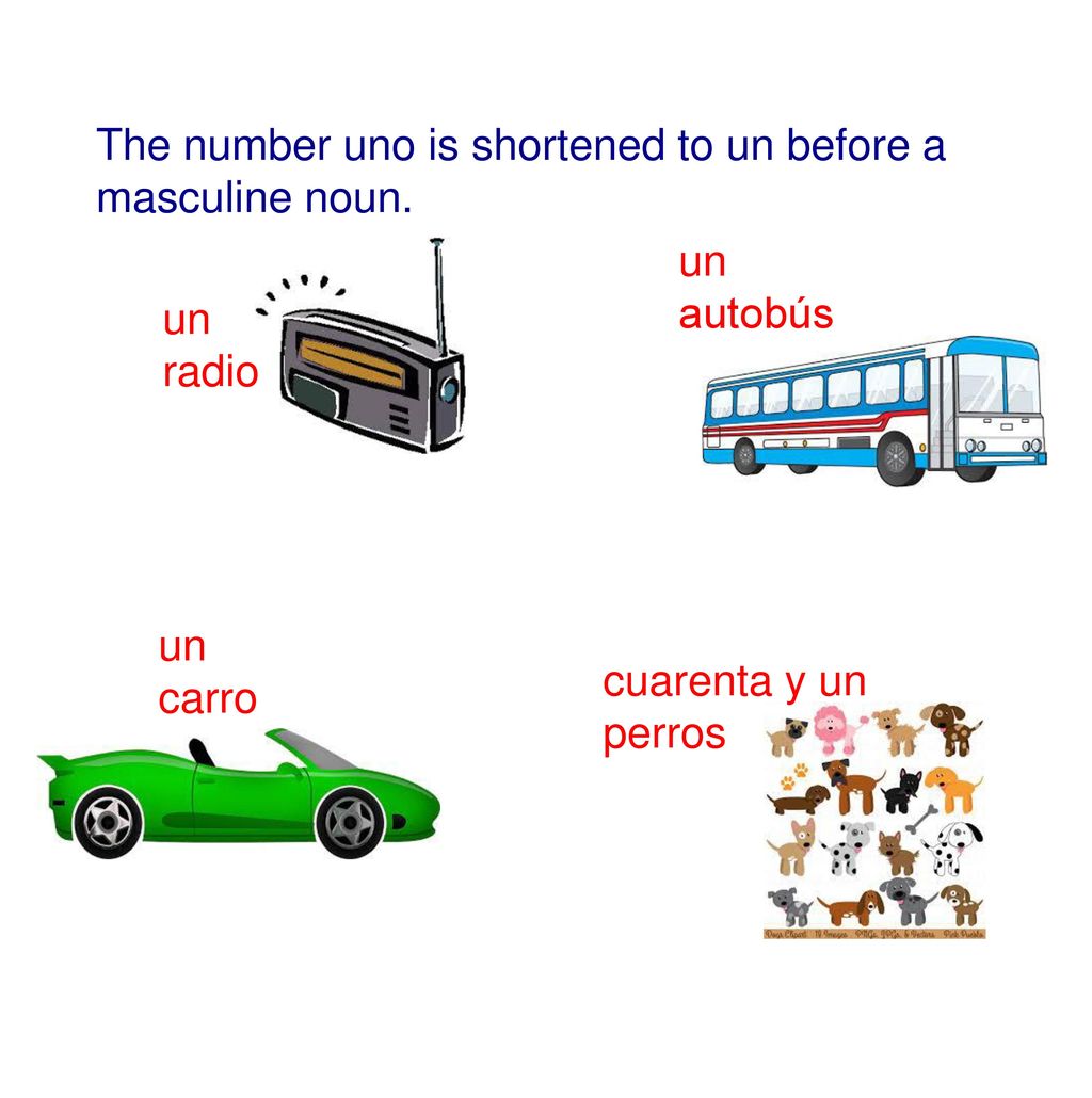 The number uno is shortened to un before a masculine noun.
