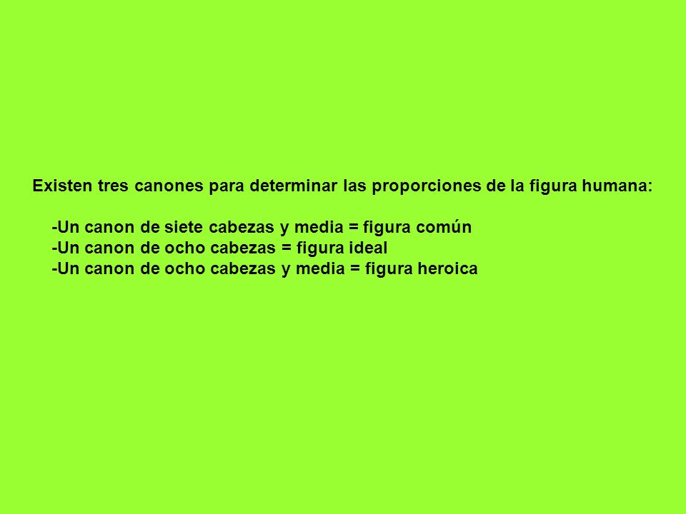 Existen tres canones para determinar las proporciones de la figura humana: -Un canon de siete cabezas y media = figura común -Un canon de ocho cabezas = figura ideal -Un canon de ocho cabezas y media = figura heroica