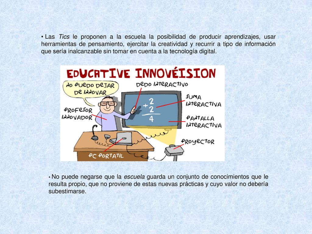 Las Tics le proponen a la escuela la posibilidad de producir aprendizajes, usar herramientas de pensamiento, ejercitar la creatividad y recurrir a tipo de información que sería inalcanzable sin tomar en cuenta a la tecnología digital.