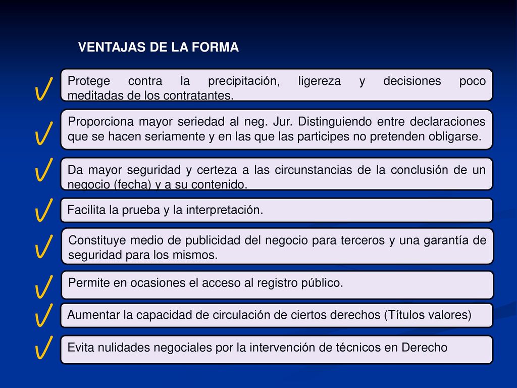 Ventajas de la forma Protege contra la precipitación, ligereza y decisiones poco meditadas de los contratantes.