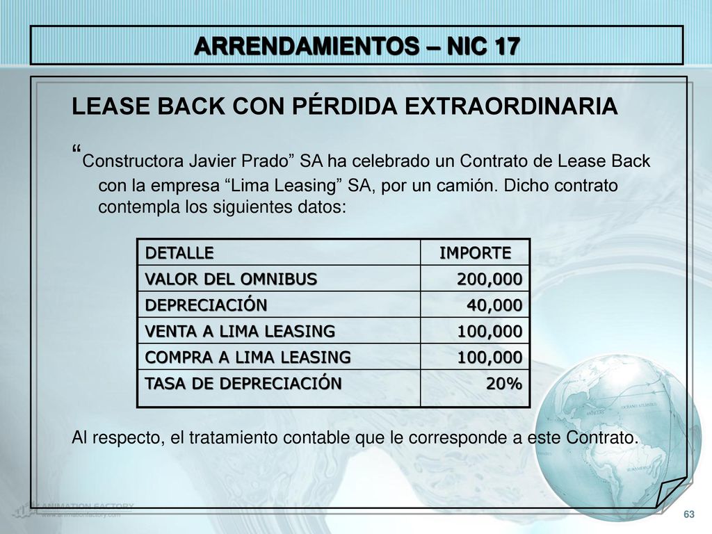 ARRENDAMIENTOS – NIC 17 ARRENDAMIENTOS – NIC 17. LEASE BACK CON PÉRDIDA EXTRAORDINARIA.