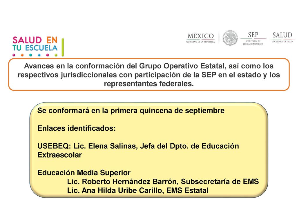 Avances en la conformación del Grupo Operativo Estatal, así como los respectivos jurisdiccionales con participación de la SEP en el estado y los representantes federales.