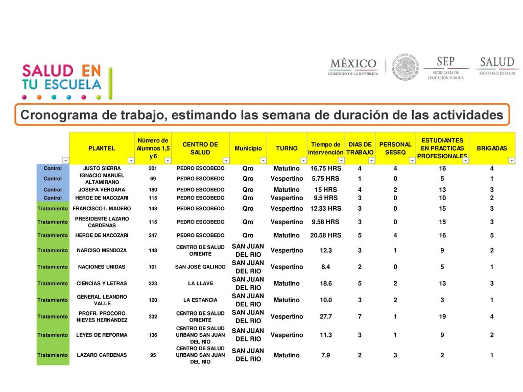 Cronograma de trabajo, estimando las semana de duración de las actividades