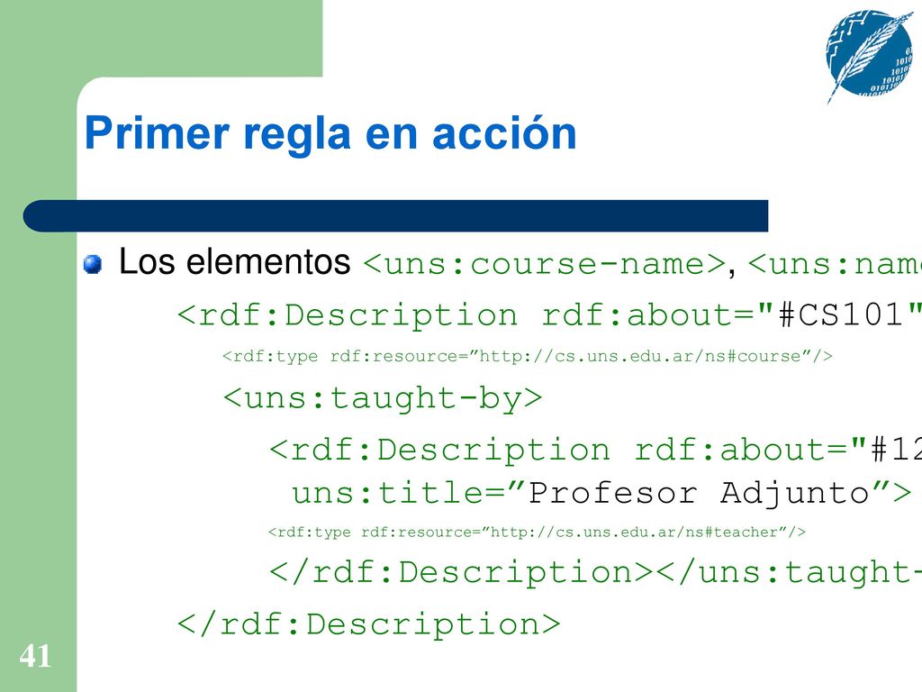 Primer regla en acción Los elementos <uns:course-name>, <uns:name> y <uns:title> se reescriben como atributos: