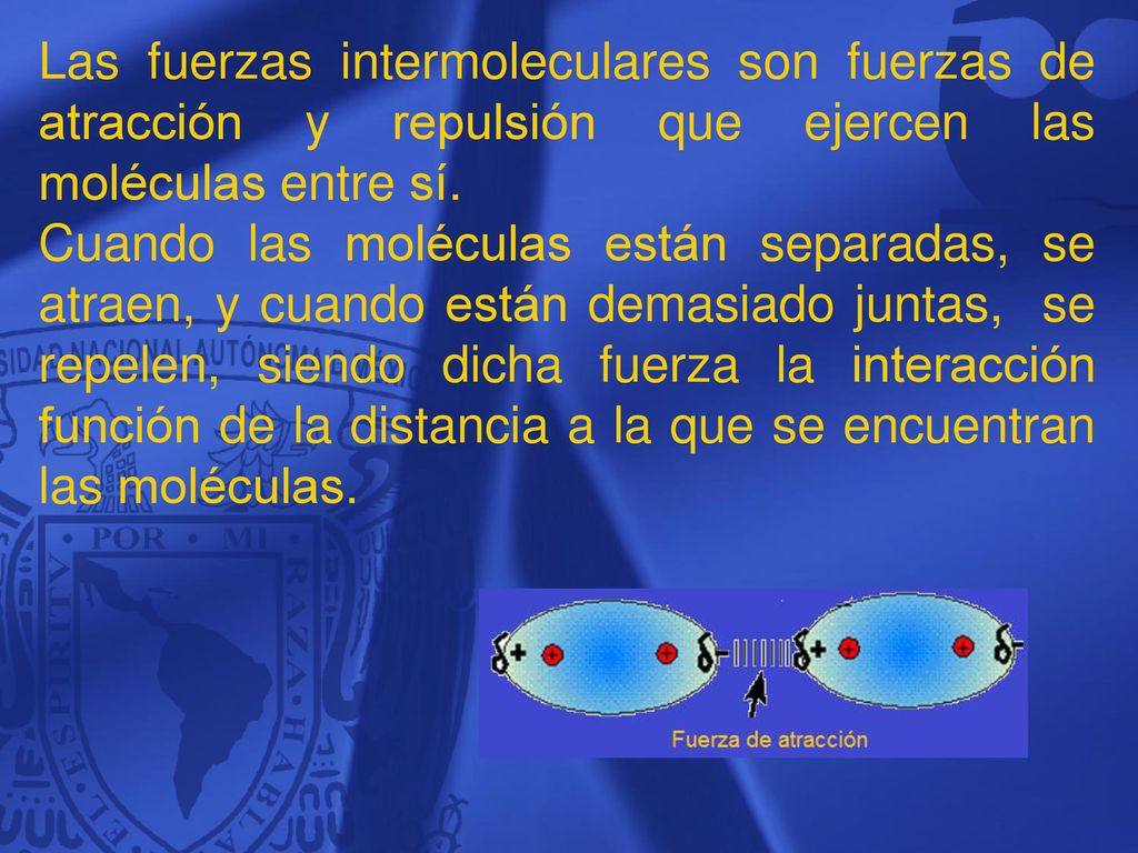 Las fuerzas intermoleculares son fuerzas de atracción y repulsión que ejercen las moléculas entre sí.