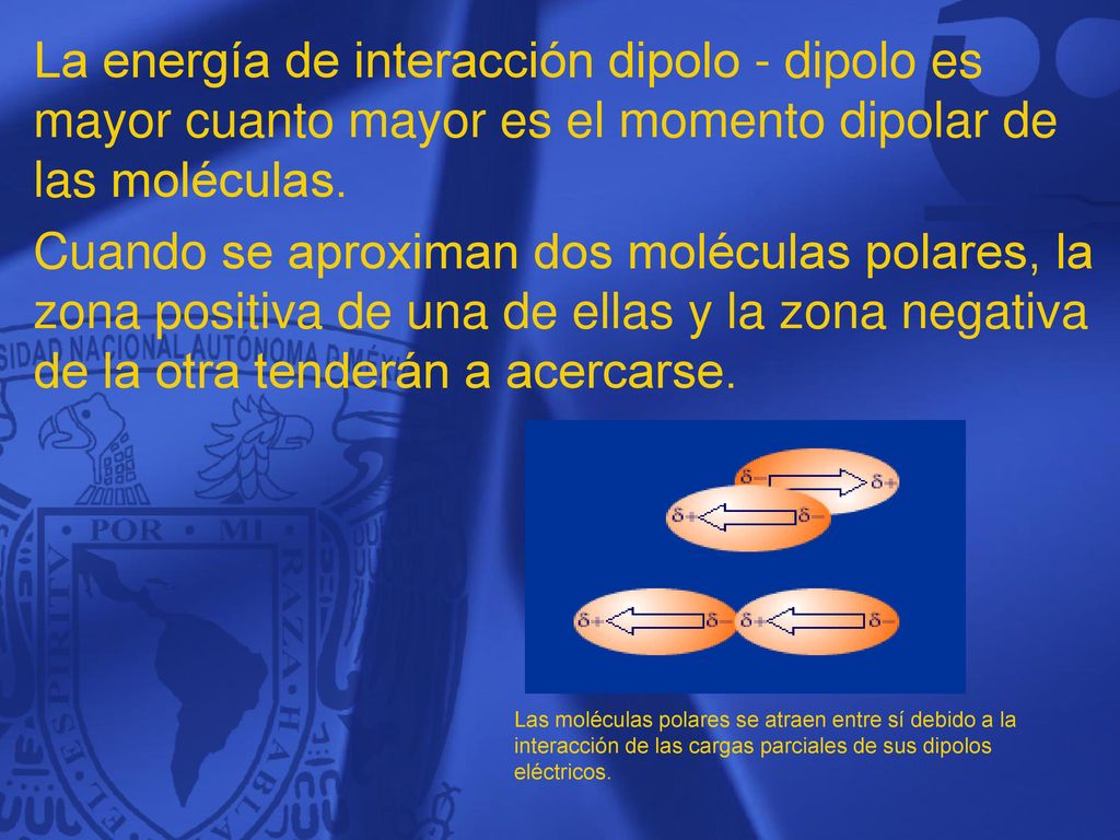 La energía de interacción dipolo - dipolo es mayor cuanto mayor es el momento dipolar de las moléculas.