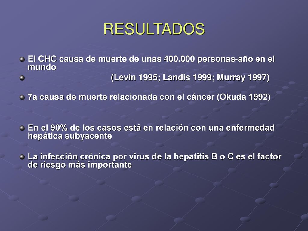 RESULTADOS El CHC causa de muerte de unas personas-año en el mundo. (Levin 1995; Landis 1999; Murray 1997)
