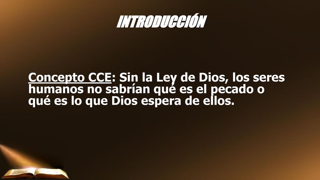 INTRODUCCIÓN Concepto CCE: Sin la Ley de Dios, los seres humanos no sabrían qué es el pecado o qué es lo que Dios espera de ellos.