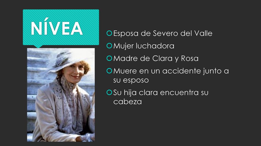 NÍVEA Esposa de Severo del Valle Mujer luchadora Madre de Clara y Rosa