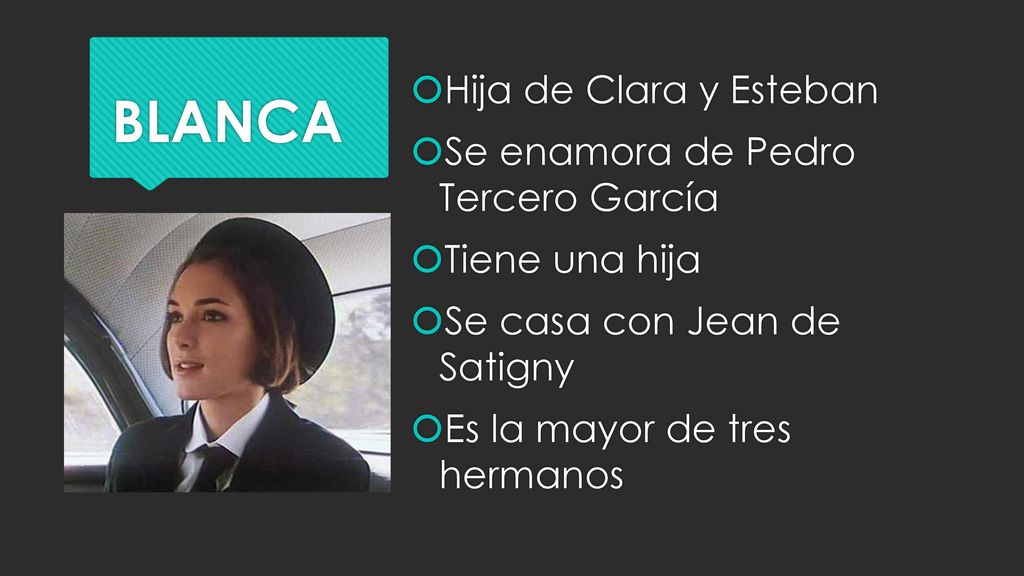 BLANCA Hija de Clara y Esteban Se enamora de Pedro Tercero García
