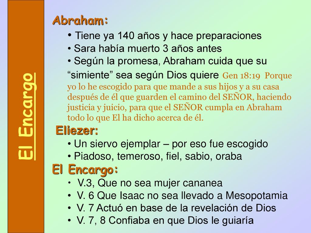 El Encargo Abraham: Tiene ya 140 años y hace preparaciones Eliezer: