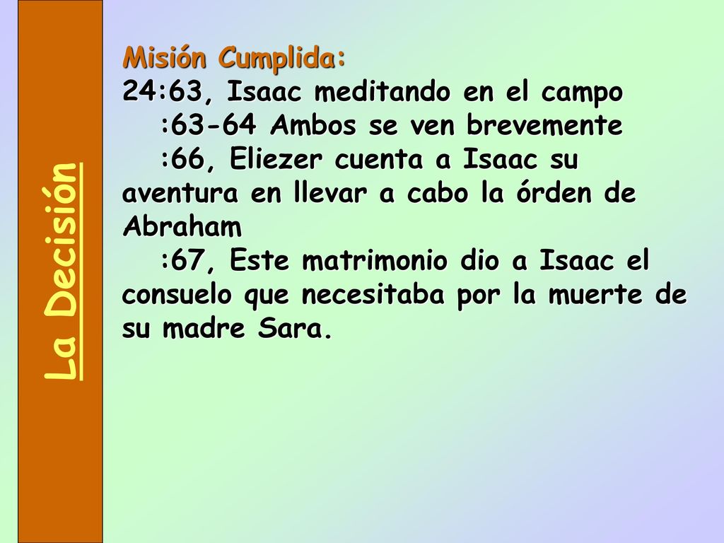 La Decisión Misión Cumplida: 24:63, Isaac meditando en el campo
