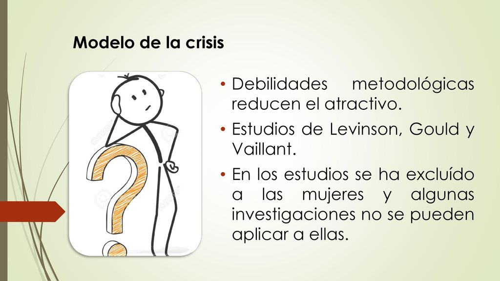 Modelo de la crisis Debilidades metodológicas reducen el atractivo. Estudios de Levinson, Gould y Vaillant.