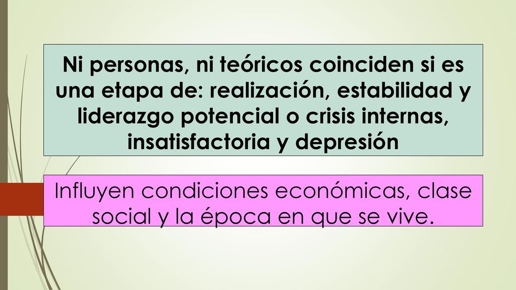 Ni personas, ni teóricos coinciden si es una etapa de: realización, estabilidad y liderazgo potencial o crisis internas, insatisfactoria y depresión