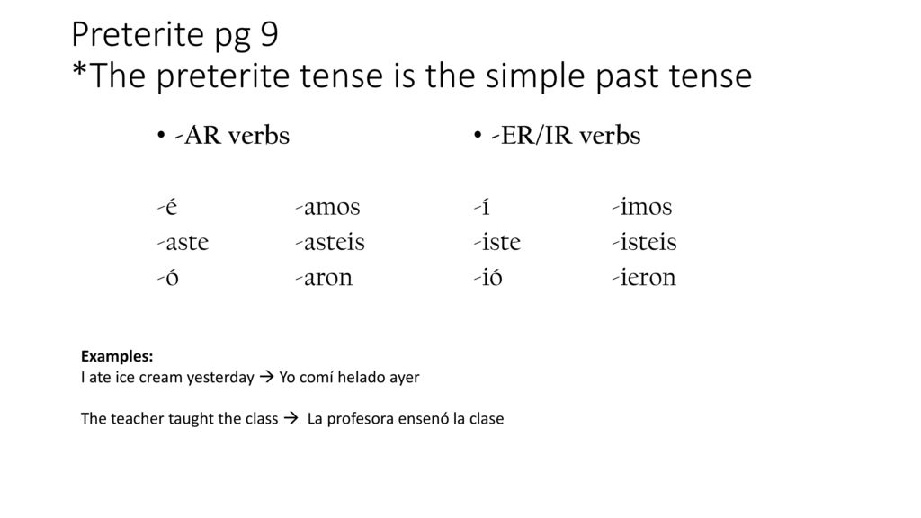 Preterite pg 9 *The preterite tense is the simple past tense