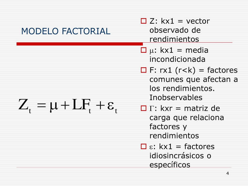 MODELO FACTORIAL Z: kx1 = vector observado de rendimientos